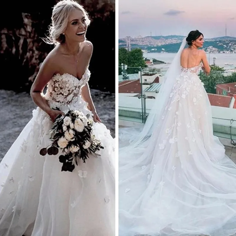 Unique Sweetheart White Tulle Floral Wedding Dresses with 3D Appliques Pearls Beading Country Wedding Dresses Bridal Gowns voiles de mariage
