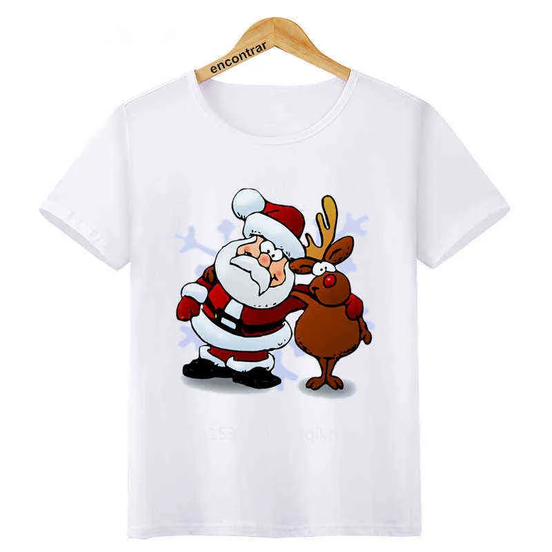 T-shirt Ny stil Barn Flickor Pojkar Roligt Jul Santa Claus Reindeer Print Tshirt Barn Mode Kortärmad Vit Tops G1224