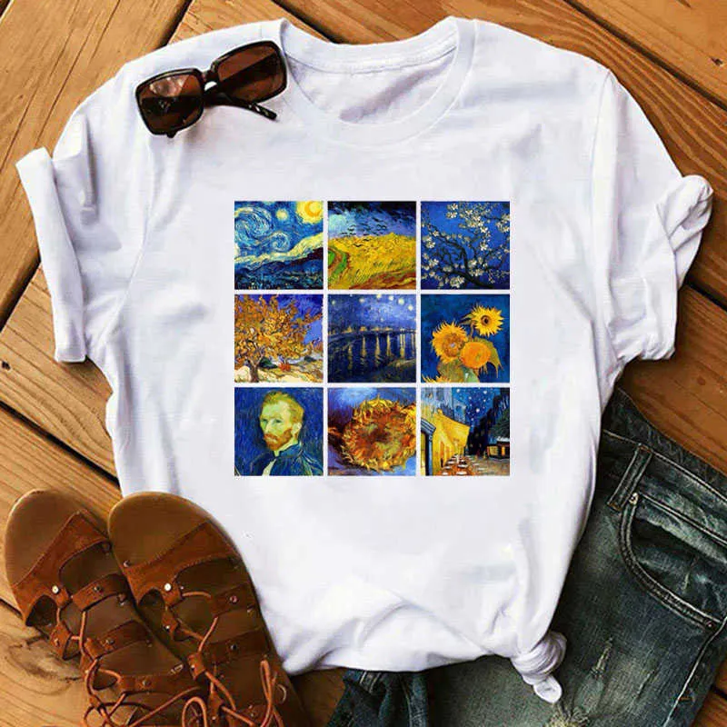 Sonnenblume gedruckt T-Shirt Van Gogh Kunst T-Shirts Mode Frauen Tops T-Shirt Harajuku T-Shirts weibliche T-Shirt Kleidung Camiseta Femina X0527