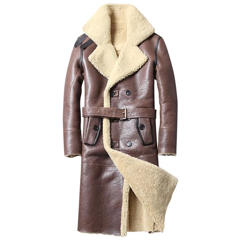 Mens Genuine Sheepskin Shearling Coat Long Winter Leather Jacket