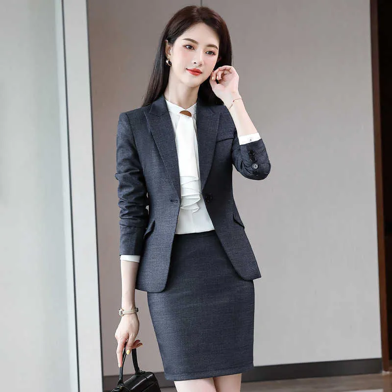 High-quality Women's Workplace Formal Wear Autumn and Winter Temperament Slim Ladies Jacket High Waist Skirt Two-piece 210527