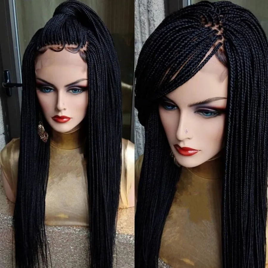 Perruque Long Braided Box Braids Synthetic Lace Front Wigs Black/brownColor Micro Braids Wig With Baby Hair Heat Resistant For Africa American Women