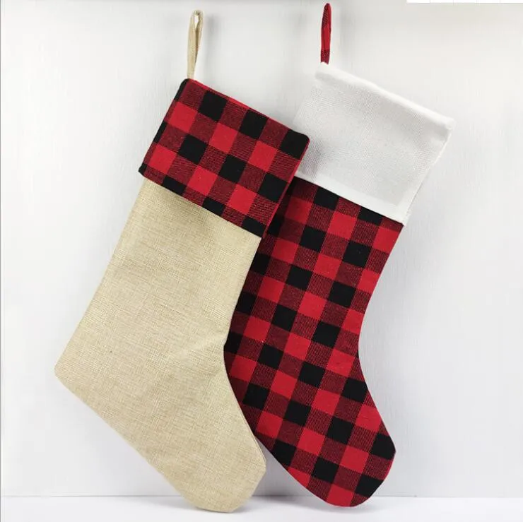 Sublimation Christmas Stocking Plaid Stripes Sock Xmas Tree Hanging Pendent Santa Claus Gift Bag Festival Party Ornaments