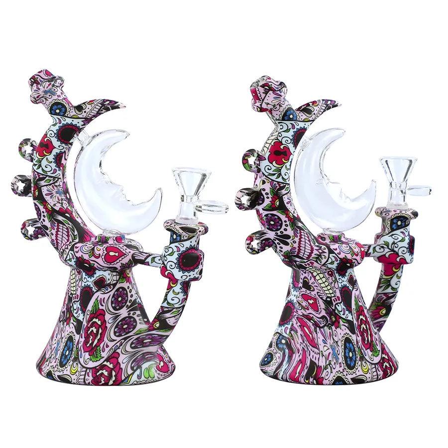 Smoking accessories moon shape printed silicone and glass water pipes unique style hookahs dab rig bubbler