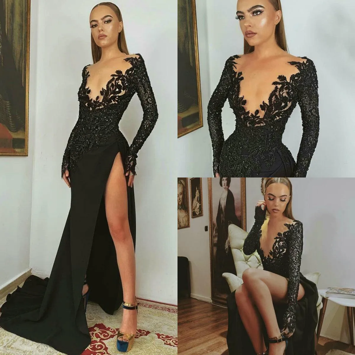 2021 Black Evening Dresses Sheer Jewel Neck Beaded Lace Long Sleeve Mermaid Prom Dress Sweep Train Custom Made High Split Robes De Soirée