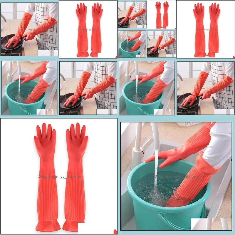 Extended kitchen dishwashing gloves durable rubber household wear resistant thickened waterproof household cleaning clothes Plush