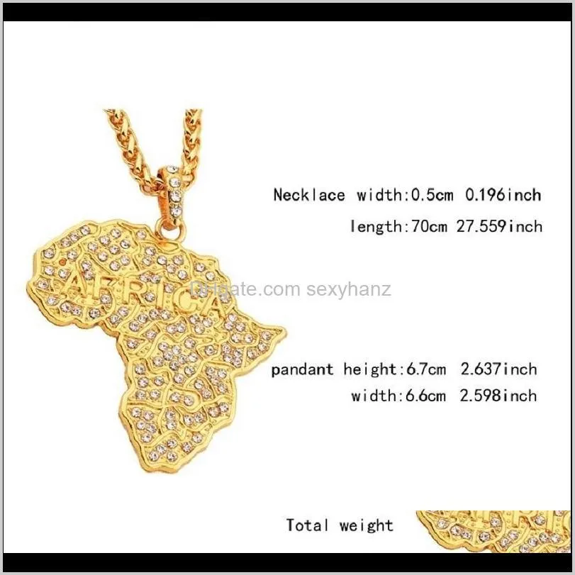 fashion men hip hop necklaces map of africa big pendant jewelry full rhinestone design punk rock rap 18k gold plated 70cm long chain