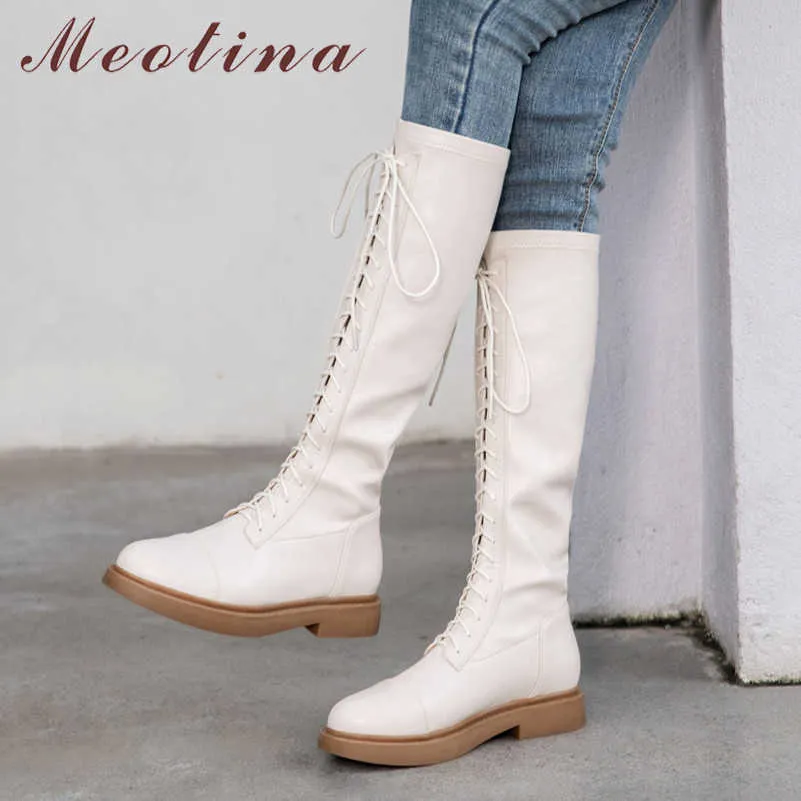 Meotina Stivali da moto con plateau piatto in vera pelle Stivali alti al ginocchio Scarpe da donna Stivali lunghi elasticizzati con lacci Lady Autunno Beige 210608