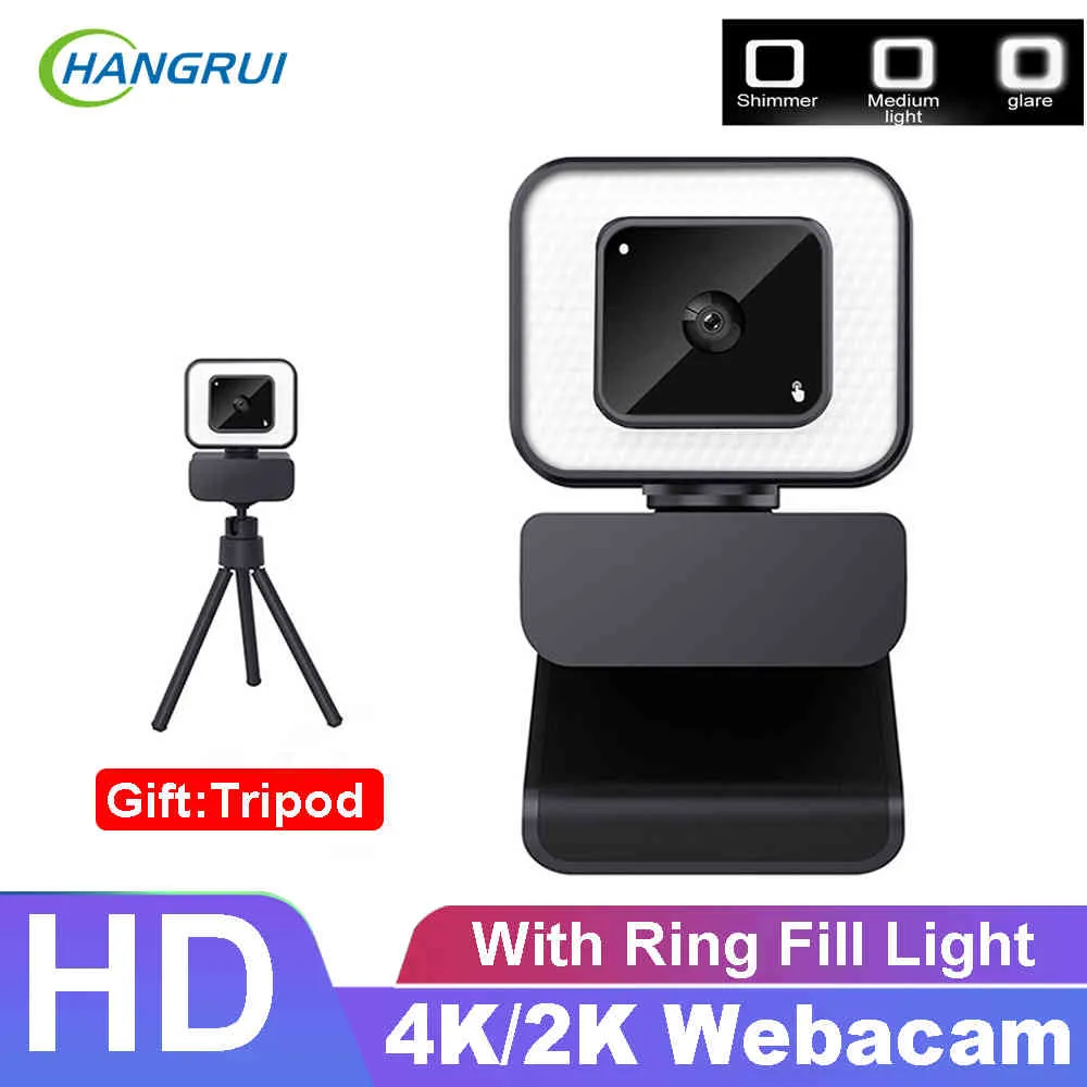 4K 2K Full HD-lock Autofokus Webkamera Ring Fill Light USB PC Computer Laptop Video Webbkamera med mikrofon