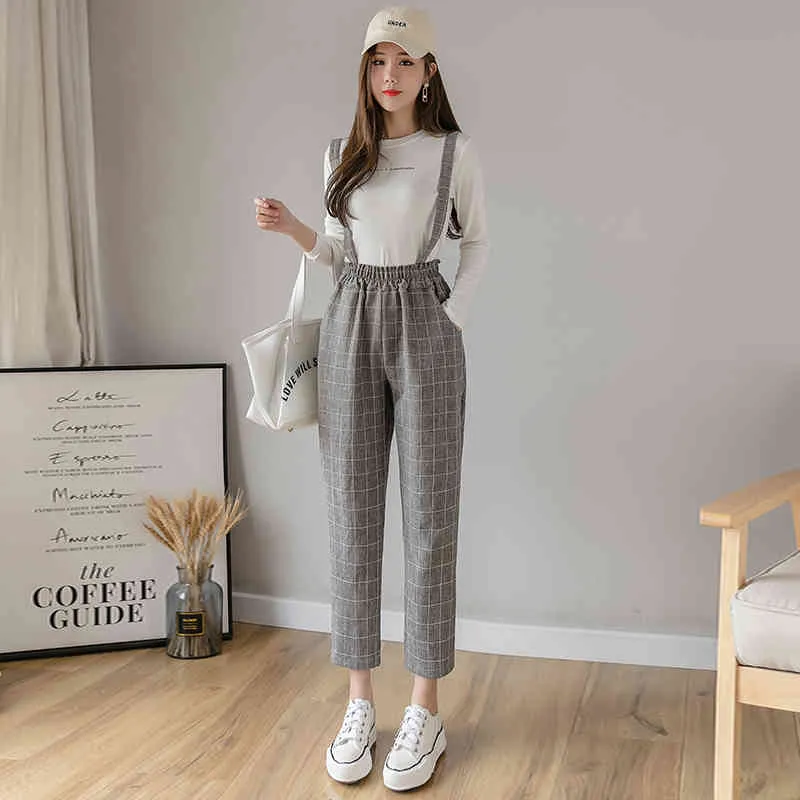 Vår sommar kvinnor overalls harem byxor vintage plaid casual lös mode kvinnlig raka byxor 210423