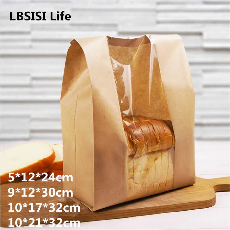 LBSISI Life 50шт Kraft Paper Хлеб четким Избегайте нефтяной упаковки Тост оконный мешок для выпечки на вынос еда пакет торт сумка для вечеринки 210724