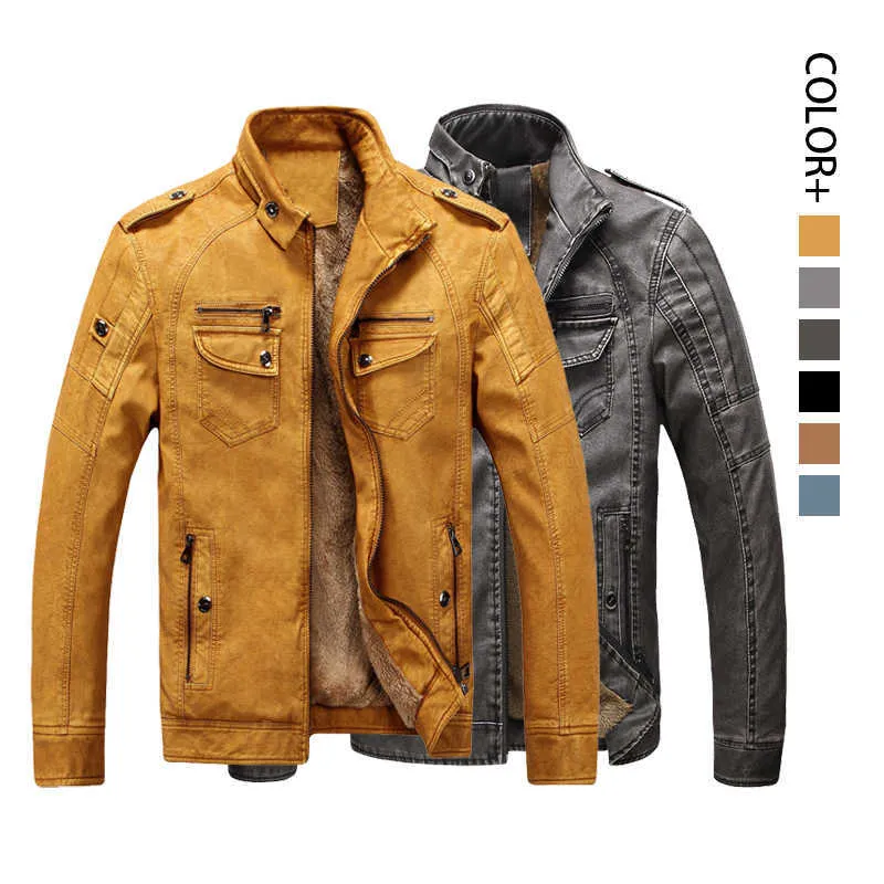 Chaquetas de moto de cuero PU de invierno para hombre, cuello levantado, bolsillos con cremallera, chaquetas de motorista para hombre, ropa de abrigo cálida de moda de cuero de imitación 211009