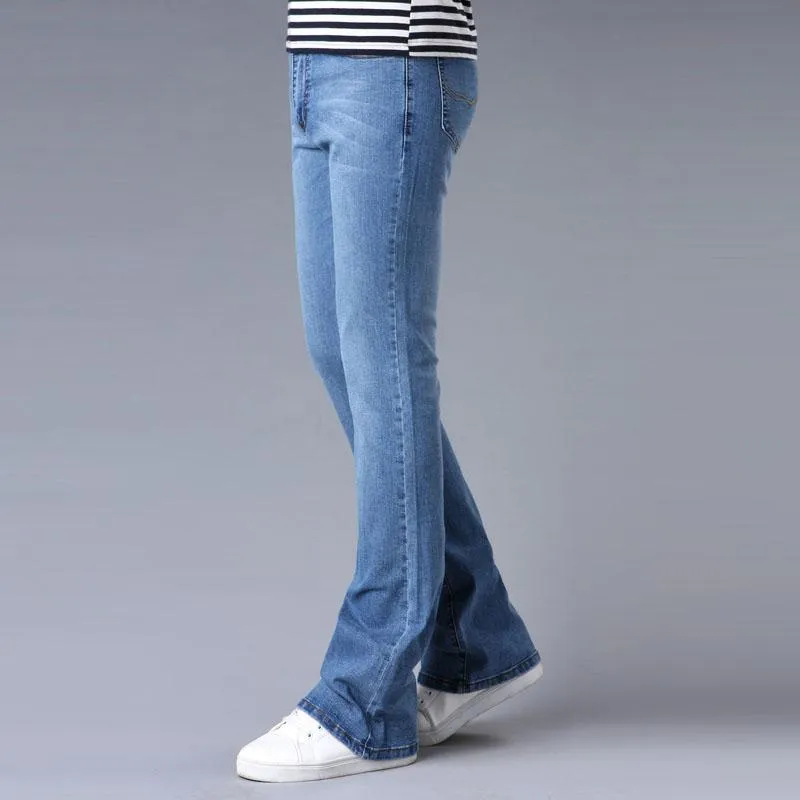 Mens Traditional Bootcut Leg Jeans Slim Fit Slightly Flared Blue Black Male Designer Classic Stretch Flare Pants