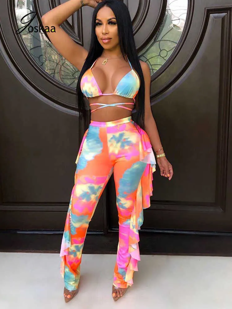 Joskaa Tie Dye Print Halter Bandage Sommar Kvinnor Bad Två Styck Sats Sexig Bra Crop Top Ruffle Wide High Waist Leggings Clubwear Y0702