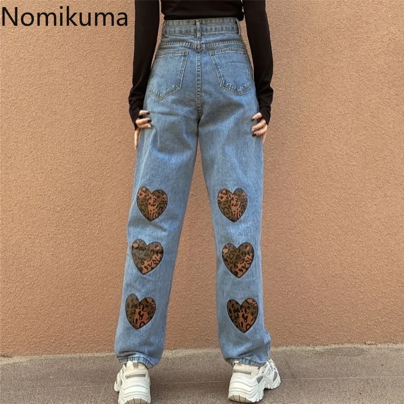 ノミクマビンテージラブハートヒョウジーンズパンツ韓国高腰の女性ズボン新しい因果関係デミンワイドレッグパンツ6E944 210427