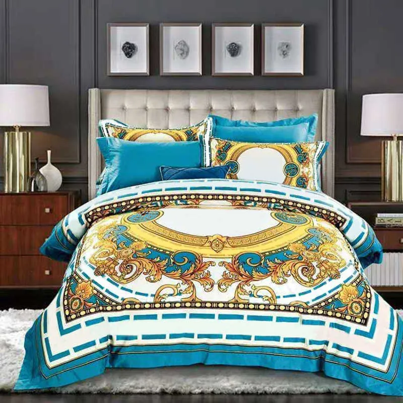 High End Francês Itália Design Padrão Amarelo Imprimir 4 pcs Rei Rainha Tamanho Quilts Branco Azul Gold Gold Folha de cama de luxo Sets 210615