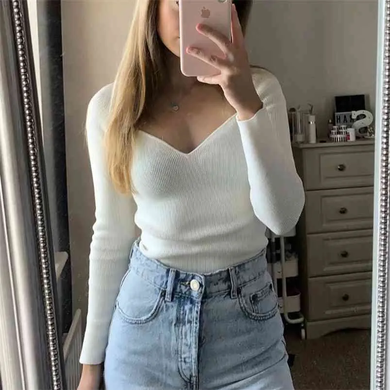 V neck knitted pullovers women long sleeve slim vintage autumn winter basic tops casual ribbed sweater female jumper 210427