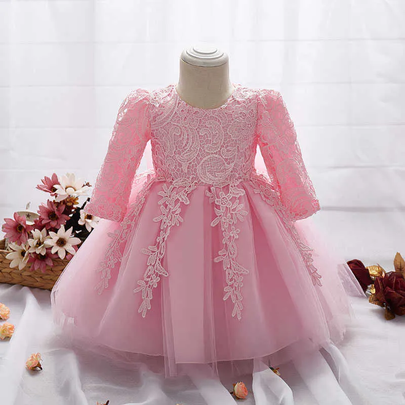 2019 Dress for Girl Długim Rękawem Biały Chrzciel Suknie Dziewczynka 1 Rok Urodziny Wear Toddler Girl Lace Christening Ball Suknia K1 Q0716