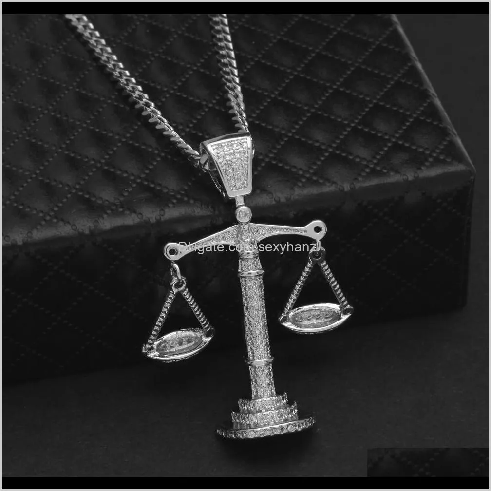 iced out zircon balance libra scale pendant silver gold copper material mens hip hop pendant with cuban link chain necklaces