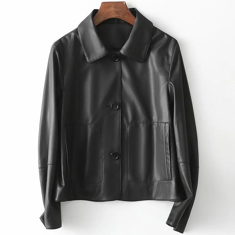 여성 가죽 가짜 2021 봄과 가을 검은 자켓 여성 패션 옷깃 싱글 브레스트 대형 여성 캐주얼 짧은 재킷 E193