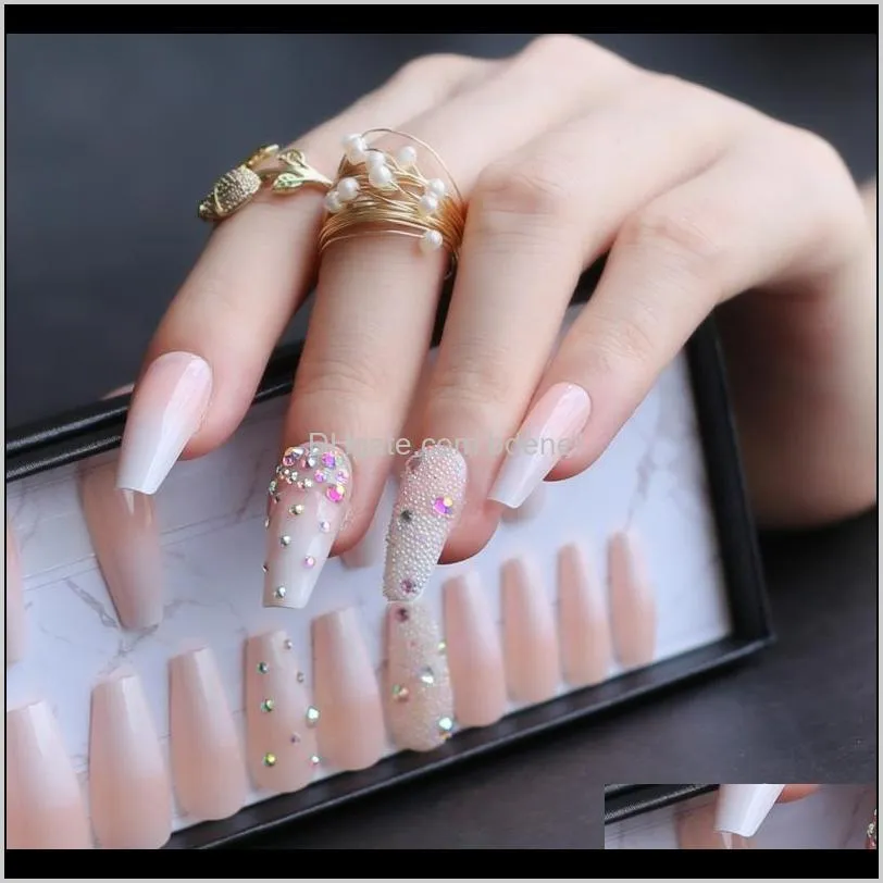 handmade ombre gel nude coffin reusable press on nails box pink acrylic nails uv bling 3d crystal ballet fasle