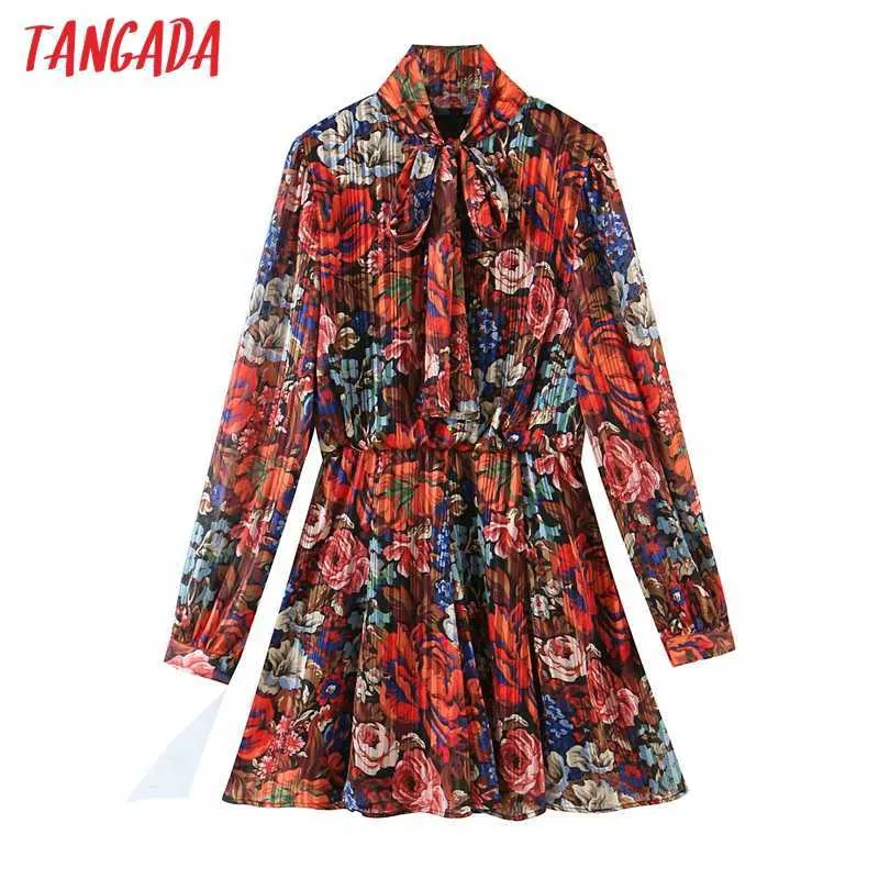 Tangada Kvinnor Röda Blommor Skriv ut Golden Yearn Shirt Dress Bow Neck Långärmad Office Ladies Mini Dress SL166 210609