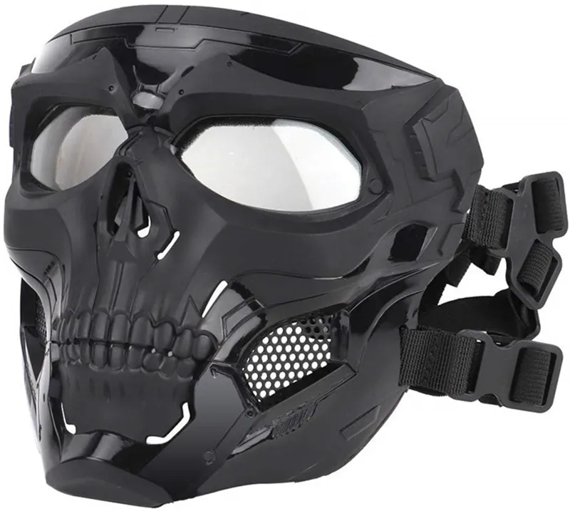 Maschera tattica Protettiva a pieno facciale Occhiali trasparenti Maschera con teschio Doppia modalità Design da indossare Cinturino regolabile Taglia unica