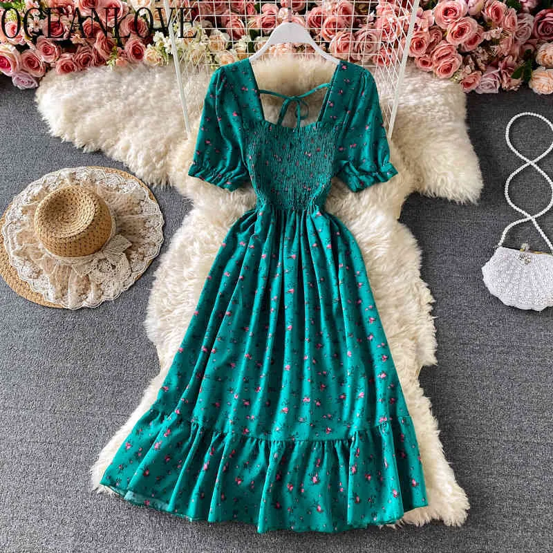 Chiffon Vestido Floral Square Neck Print Beach Style Short Sleeve Summer Dresses A-line High Waist Woman Dress Korean 210415