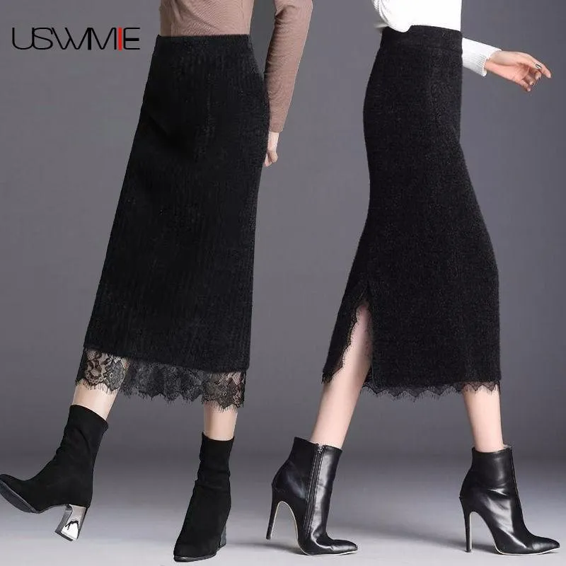Zimowe spódnice damskie mody mody gęstwy stały kolor komfort szczupły czarny dzianin ołówek seksowna spódnica