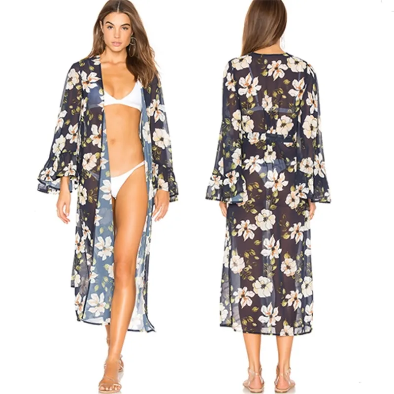 Chiffong Pareo Beach Cover Up Tuniker för lång kaftan Bikini Robe de Plage Sarong Baddräktskåpa # Q570 210420