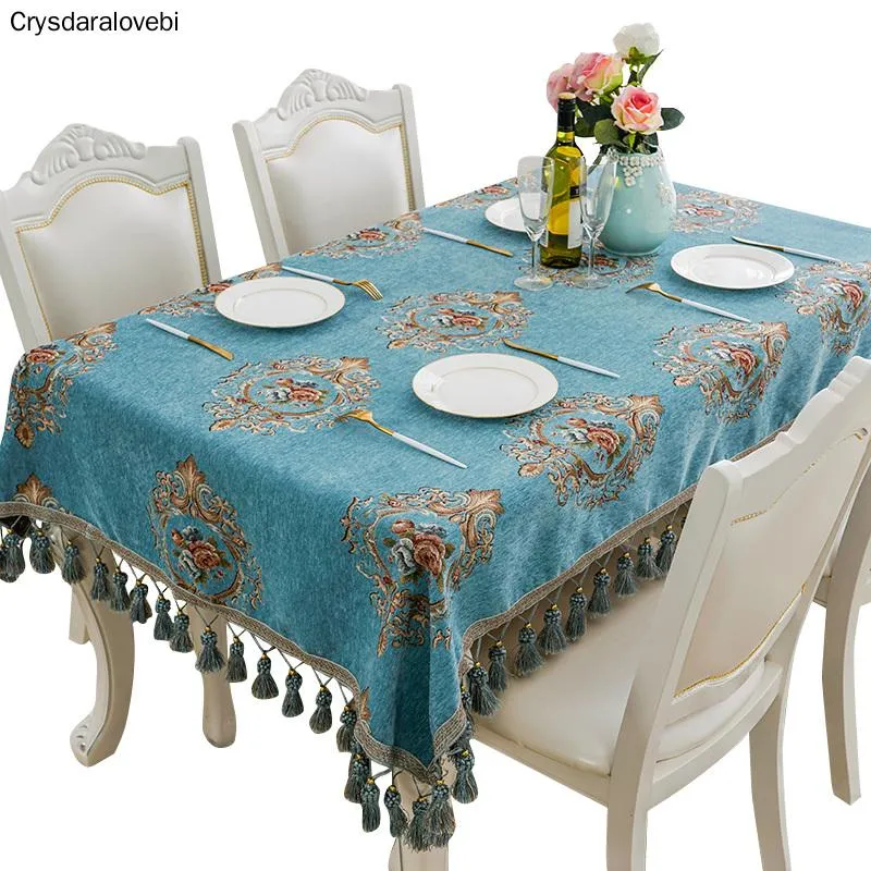 Tafelkleed Europa Luxe bruiloft chenille borduren rechthoek covers met kwast marine blauw / rood tafelkleed voor home decor
