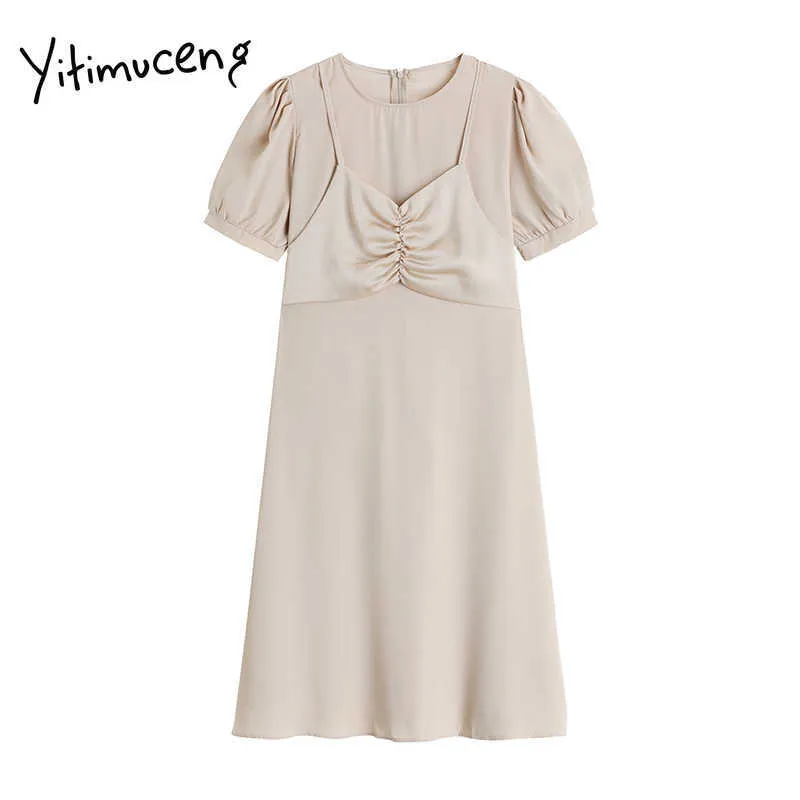 Yitimuceng nep 2 stuks jurken vrouwen zomer bandage rits high taille puff sleeve a-lijn Koreaanse mode elegante jurk 210601