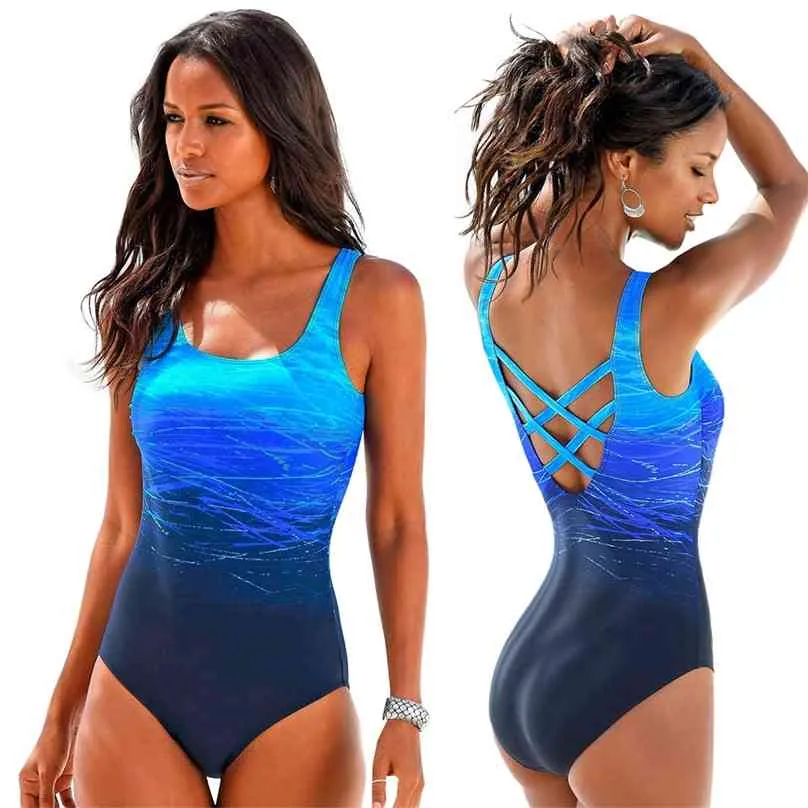 Mujer Mayo Push Up Swimwear Criss Cross Back Beach Bathing Suit Gradient Print Plavky Sexy Women Swimsuit 210611