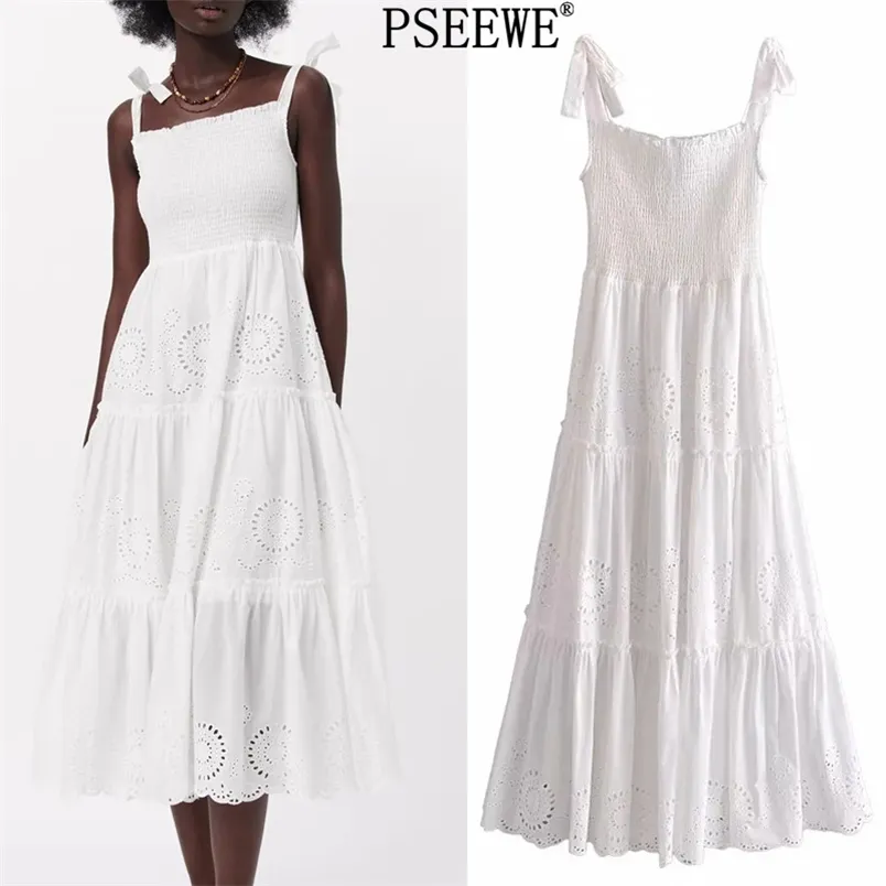 Summer Dress Woman Cutwork Embroidery White Slip Long es Women Casual Tie Up Strap Ruffle Beach Midi 210519