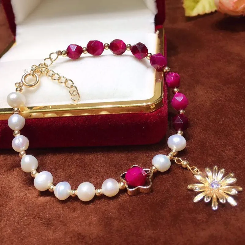 Link, ketting elegante sieraden rode glazen kralen armbanden stijl metalen bloem charme natuurlijke zoetwater parels armband voor vrouwen geschenken