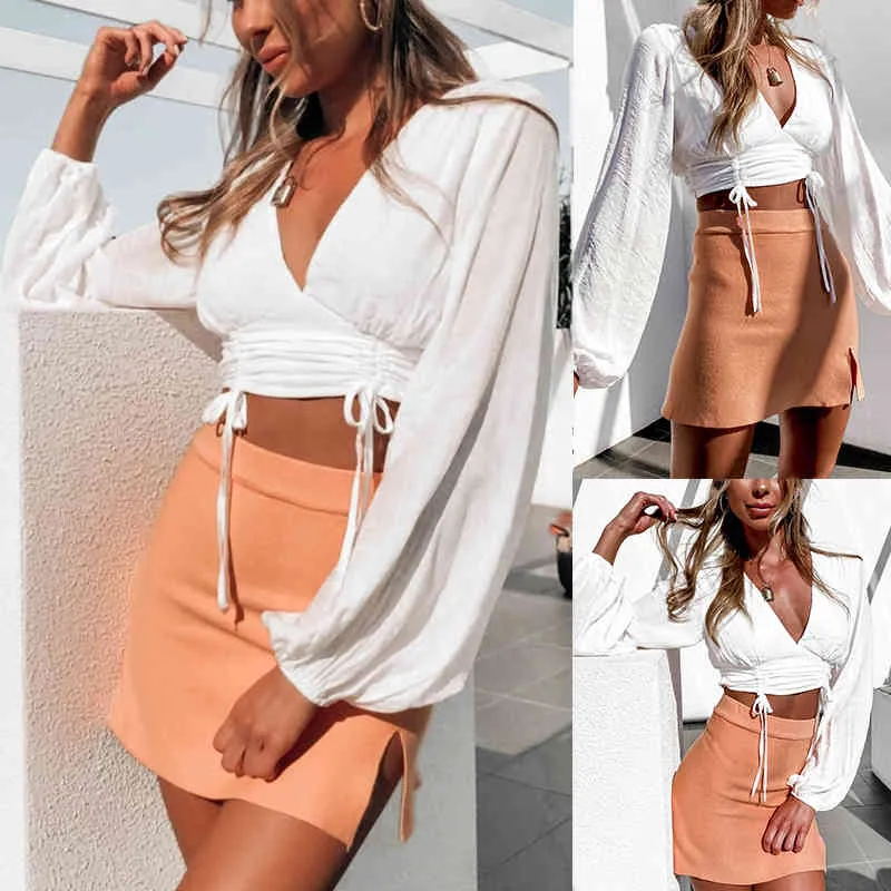 Sexy V Cou Femmes À Manches Longues Crop Tops Mode Cordon À Lacets Lanterne Manches Chemises Blanches Casual Slim Blouses Courtes Femme 210507