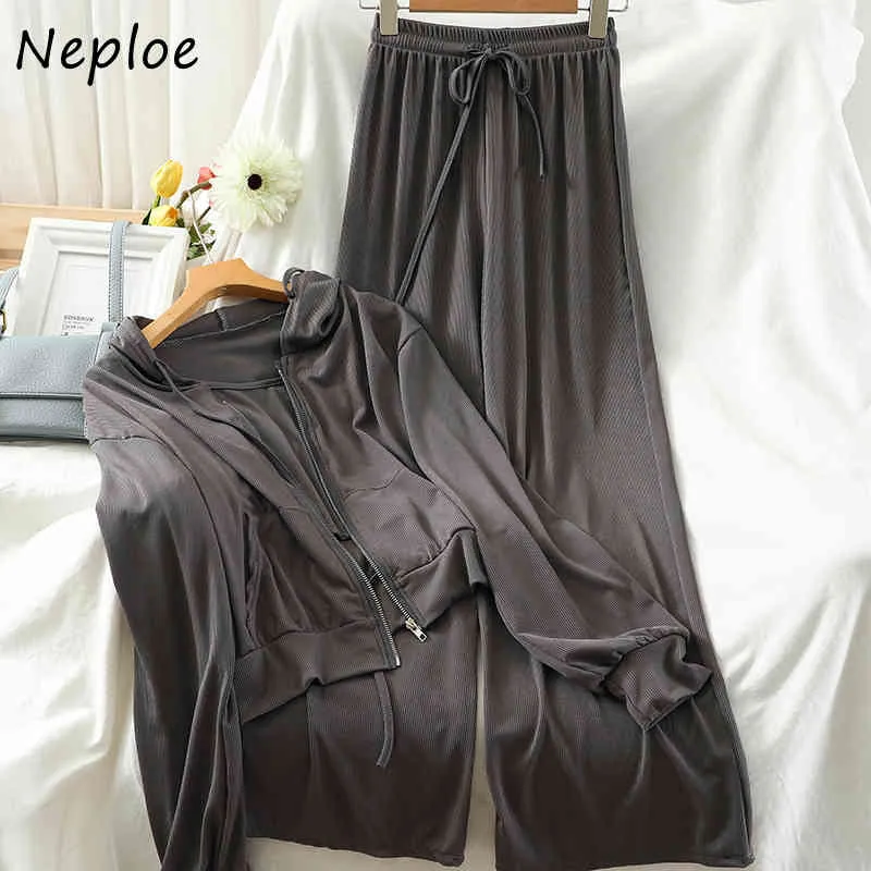 Neploe Casual Fashion Suit Hooded Zip Sweat Sexy Solid Color Camis Drawstring Straight Wide Leg Pantalon Automne 3 Piece Set 210423