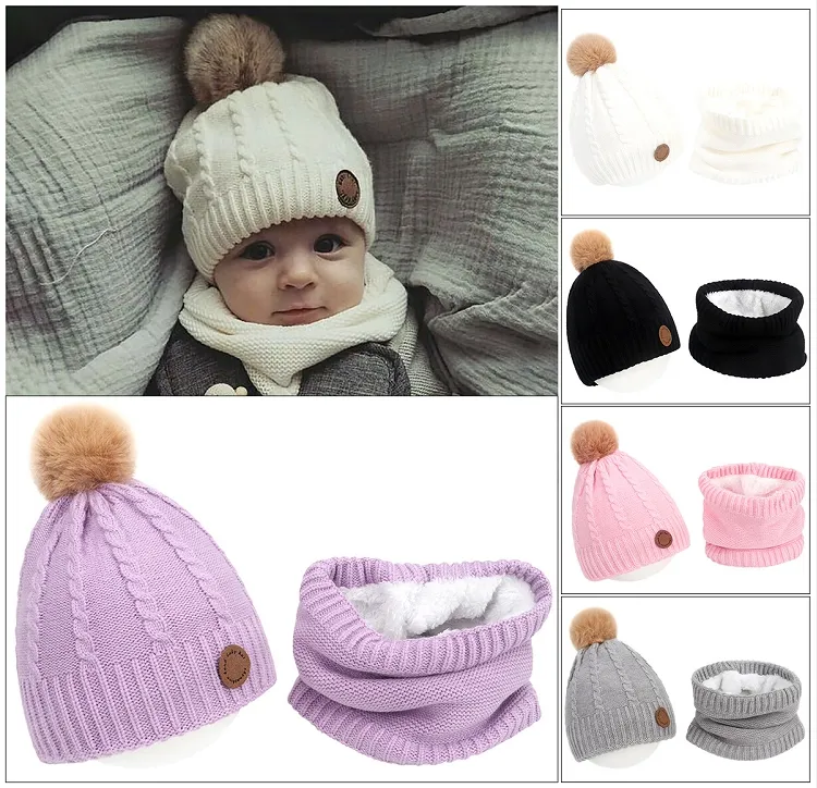 Baby Hat Scarf Sets Winter Children Knitted Caps Scarves Fur Pompom Toddler Beanies Solid Color 2 Pieces Set M3714