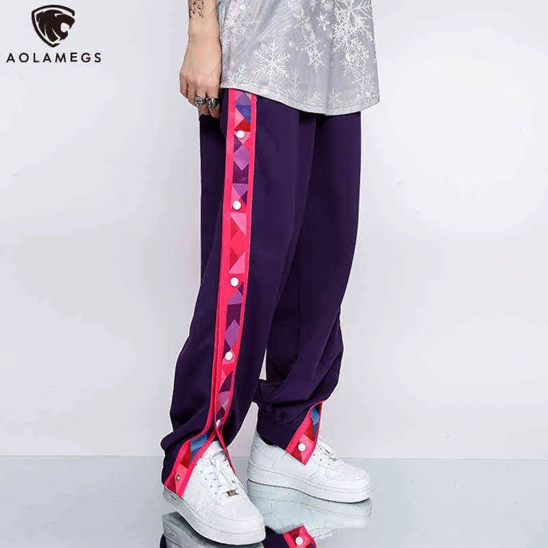 Aolamegs pantalon à boutonnage latéral hommes cordon réglable lâche pantalon de jogging droit basket-ball décontracté mode Hip Hop Streetwear 0124