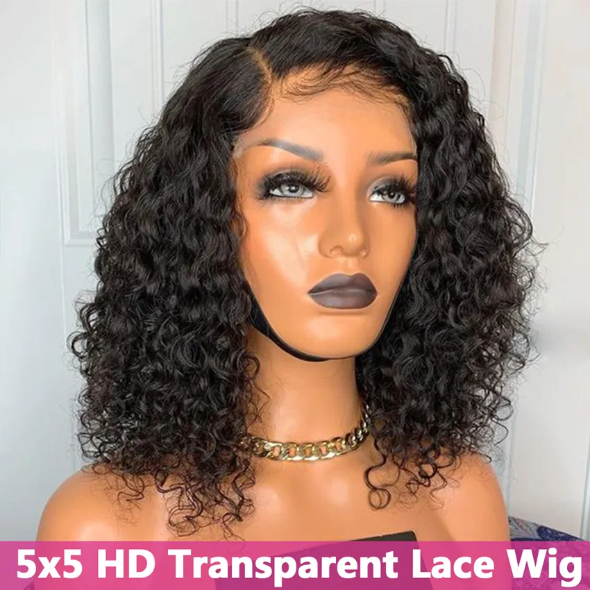 5x5 Peluca de cierre de encaje transparente Onda profunda Brasileño natural para mujeres negras Pelucas de cabello humano Bob corto