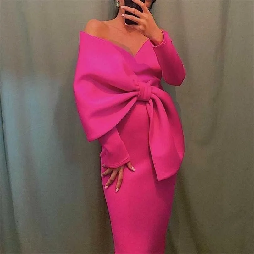 Women Long Party Dresses Bare Shoulder Big Bow Large Size Slim Bodycon Dresses Celebrity Birthday Dinner Occasion Gowns 3XL 211206