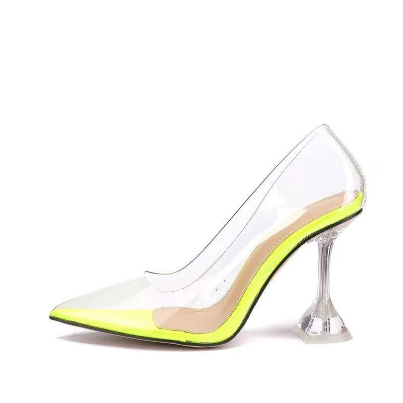 Bombas transparentes sandálias Estranho estilo Perspex Heel Point Toes Sapatos de festa feminino