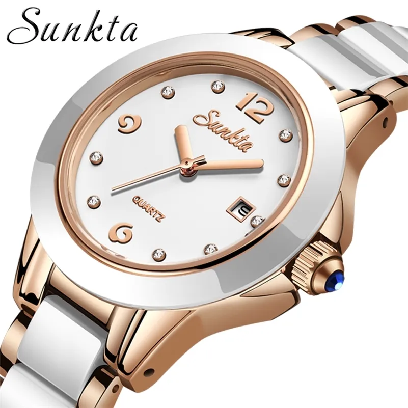 SUNKTA marque originale dames blanc céramique Bracelet montre à quartz mode montre décontractée femmes or rose horloge montre femme cadeau 210517