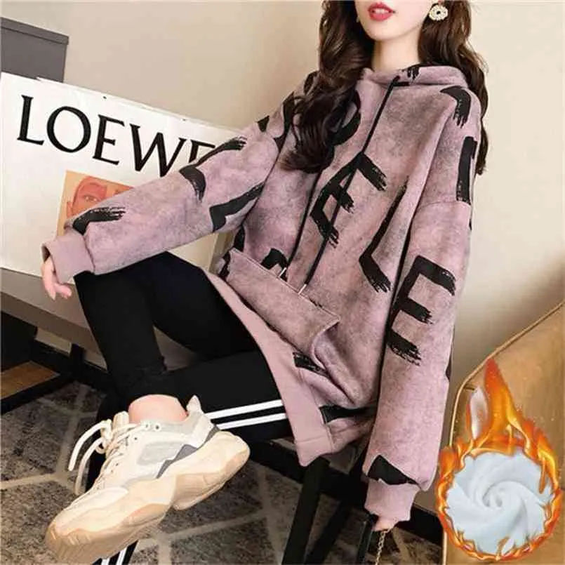 QRWR Höst Vinter Kvinnors Sweatshirt Fashion Letter Print Fleece Hoodies Casual Oversized Mid Length Hooded 210809