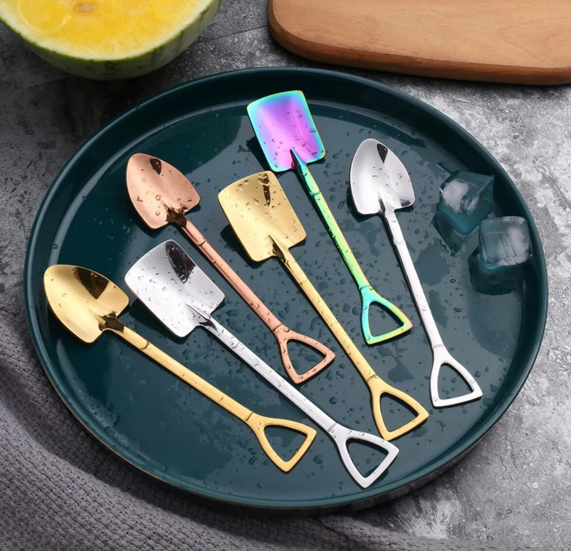 50st Rostfritt stål Ice Cream Scoop Spoons Kaffe Sked Vattenmelon Dipper Handtag Dining Porslin Spade Shade Creative Dessert