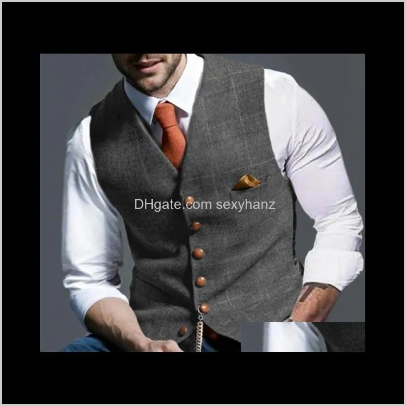 mens suit vest notched plaid wool herringbone tweed waistcoat casual formal business groomman for wedding1