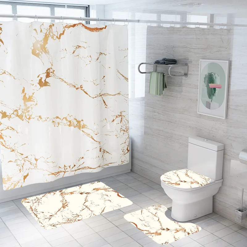 4PCS /セットクリエイティブマーブル印刷バスルーム防水シャワーカーテンペデスタル敷物蓋カーペットトイレットカバーバスマットセット