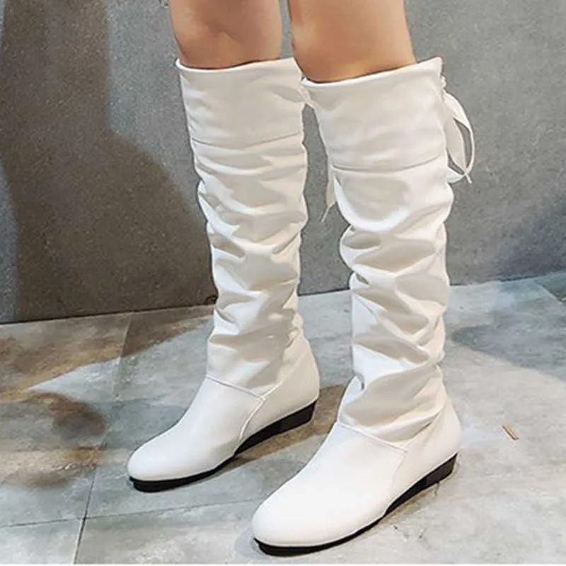 Woman Knee High Boots Red Black White Tall Boots Woman Pleated Low Heel Casual Leather Autunm Winter Female Long Shoe Women Y0905