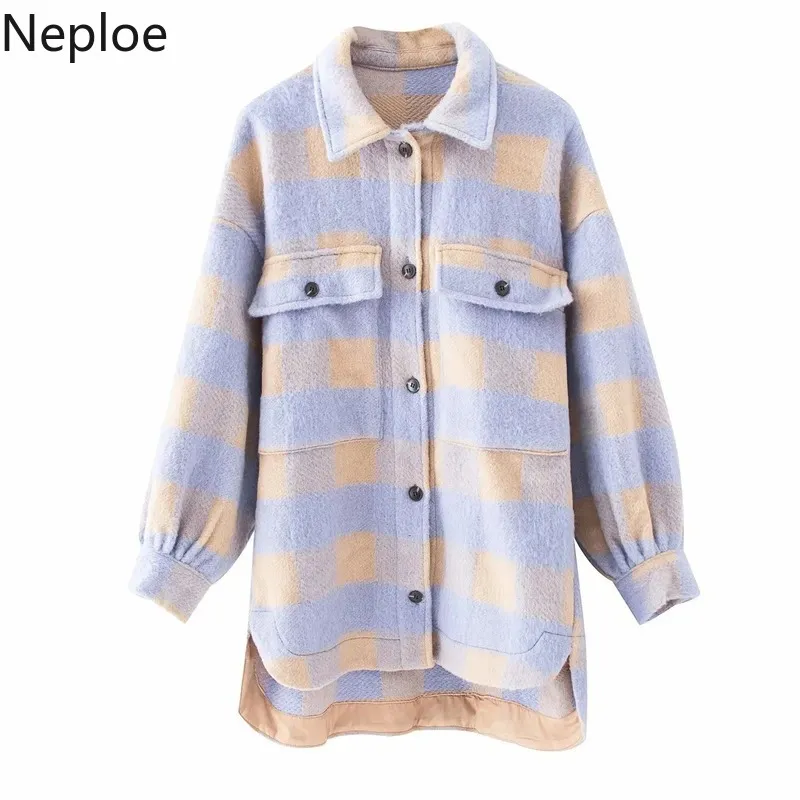 Neploe Women Fashion Overhirts Oversized Checked Woolen Jacket Coat Vintage Pocket Asymmetric Kvinna Ytterkläder Chic Toppar 210423