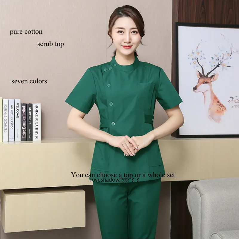 Scrub Top Women Cotton Short Sleeve Hospital Medical Uniforms Round Collar Adjustable Waist Dental Scrubs Beauty Nurse Uniform